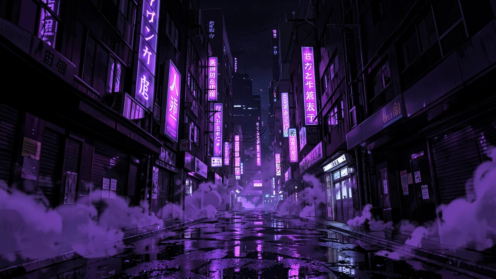 Neon purple cyberpunk alley of the Zenkai city