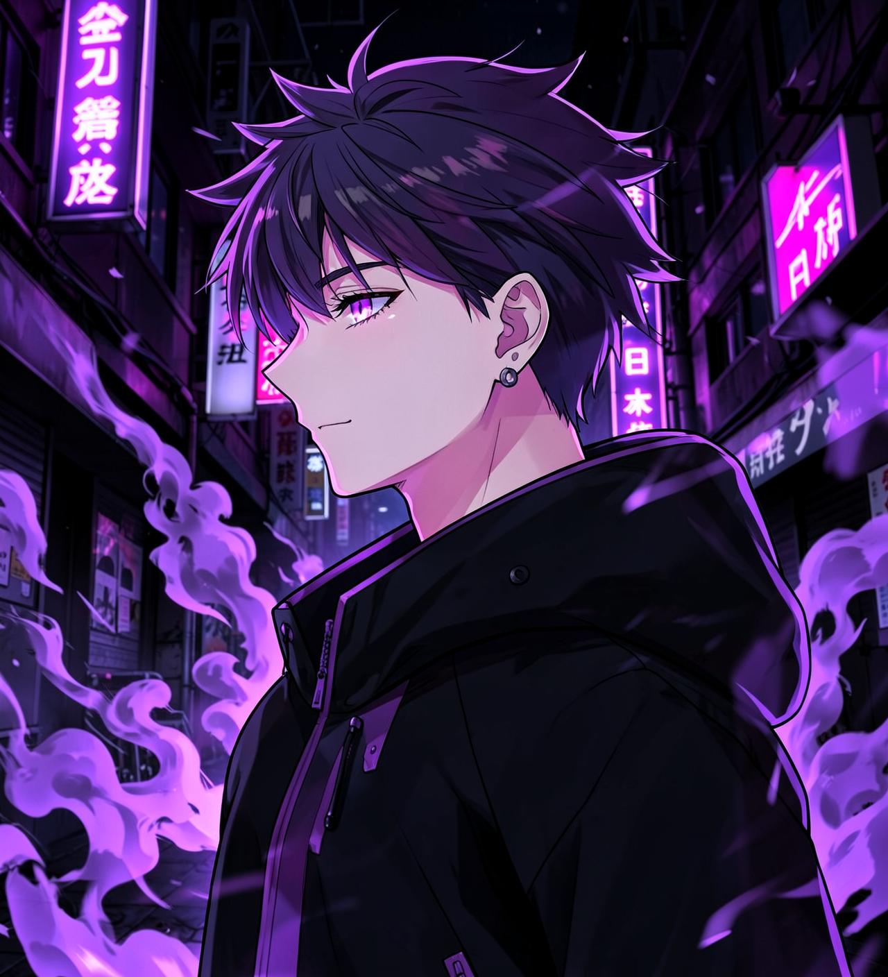 Zenkai Hood anime hero character in a neon purple alley